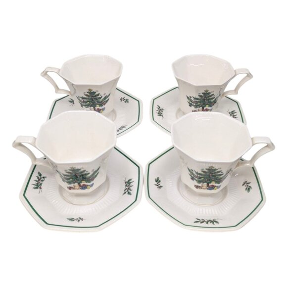 Nikko Christmastime 8 Pc Set 4 Cups 4 Saucers Octagon Christmas Tree JAPAN - Picture 3 of 13